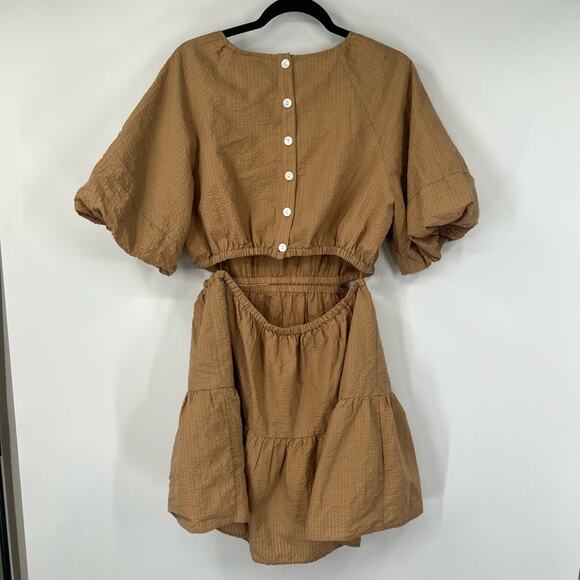 Madewell Seersucker Puff-Sleeve Cutout Mini Dress in Seed Khaki - Picture 5 of 8